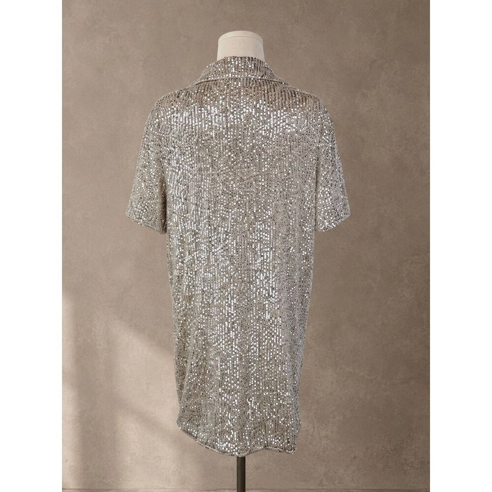 Anthropologie Sunday in Brooklyn Sequin Mini Shirtdress Silver Medium Party - Picture 3 of 8